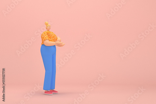 The woman with golden hair tied in a bun wearing blue corduroy pants and Orange T-shirt with white stripes. She is expression of hand when talking. 3d rendering of cartoon character in acting.