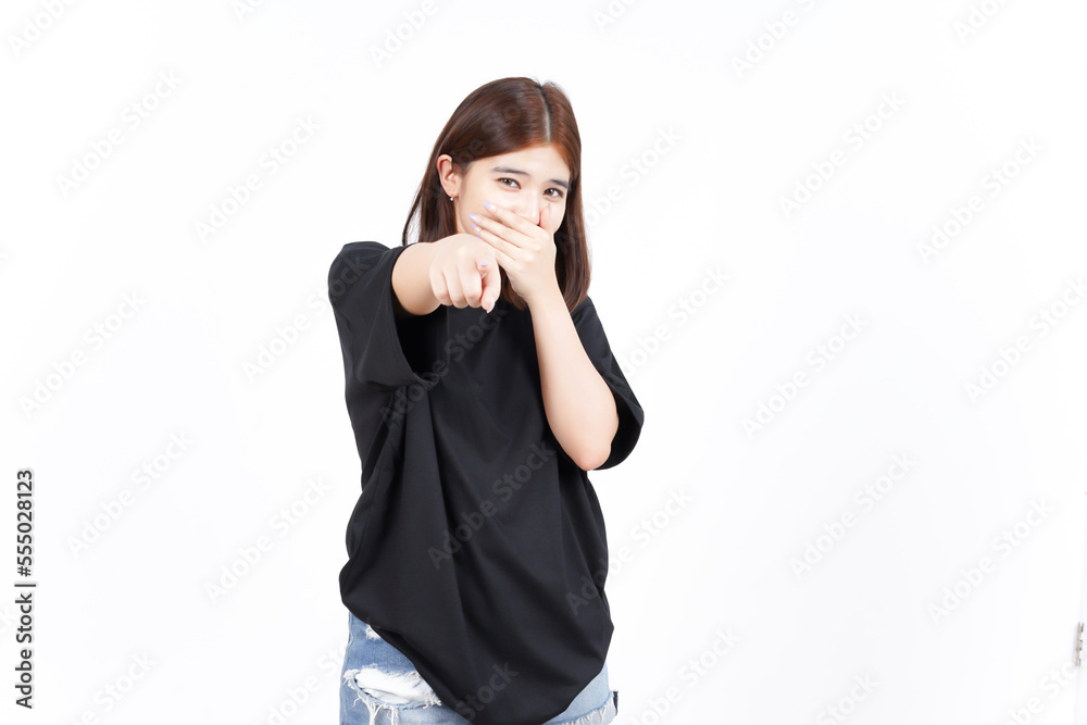 Pointing at you and Laughing Of Beautiful Asian Woman Isolated On White Background