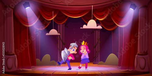 Children performing on theater stage. Vector cartoon illustration of little boy and girl wearing knight and princess costumes playing roles on school scene with red curtains illuminated by light beams