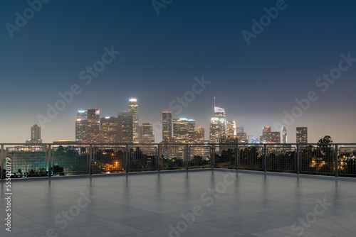 Skyscrapers Cityscape Downtown, Los Angeles Skyline Buildings. Beautiful Real Estate. Night time. Empty rooftop View. Success concept. © VideoFlow