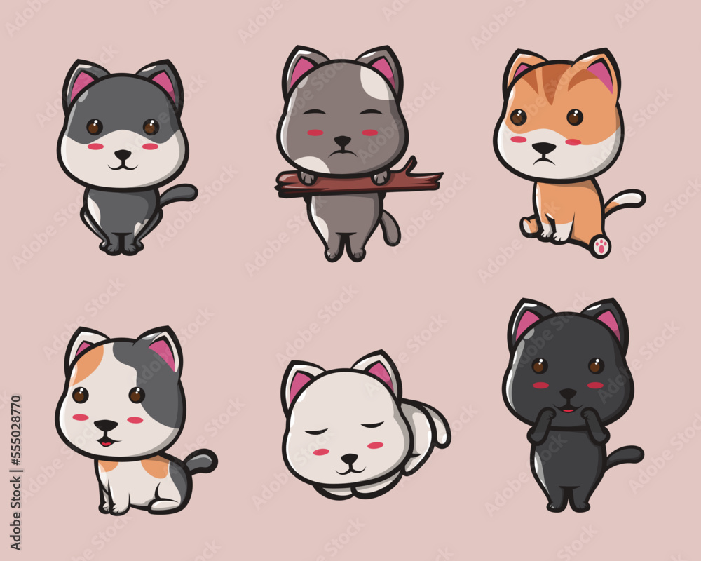 Cartoon vector icon set of cute cats illustration isolated vector animal activity icon concept.