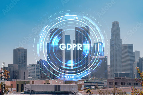 Los Angeles panorama skyline of downtown at summer day time, California, USA. Skyscrapers of LA city. GDPR hologram, concept of data protection regulation and privacy for all individuals in EU Area