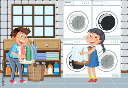 Scene with kids doing laundry