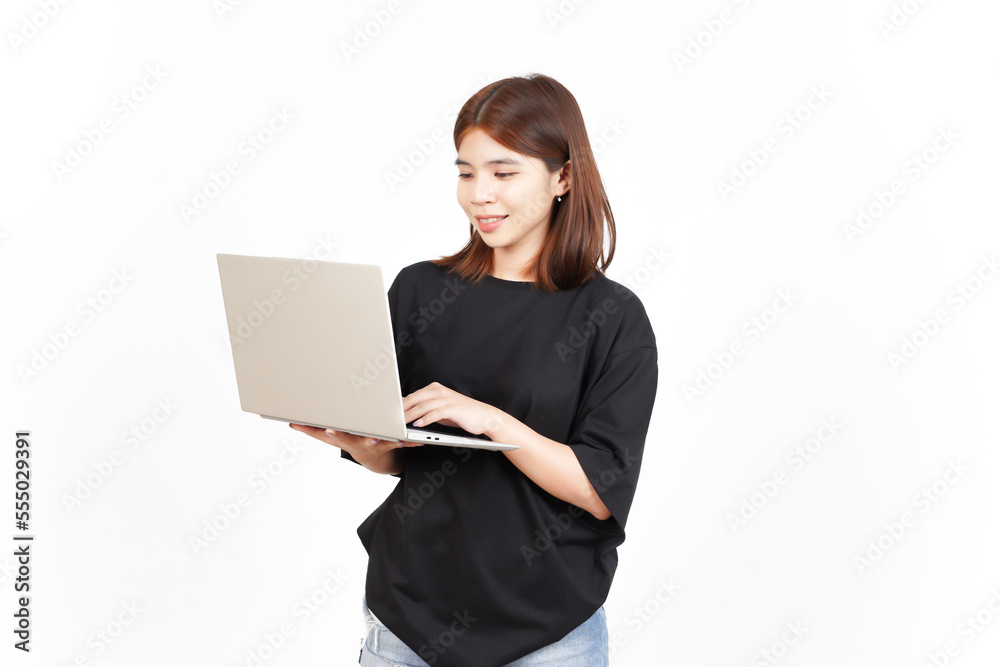 Happy face while using laptop Of Beautiful Asian Woman Isolated On White Background Happy face while using laptop Of Beautiful Asian Woman Isolated On White Background