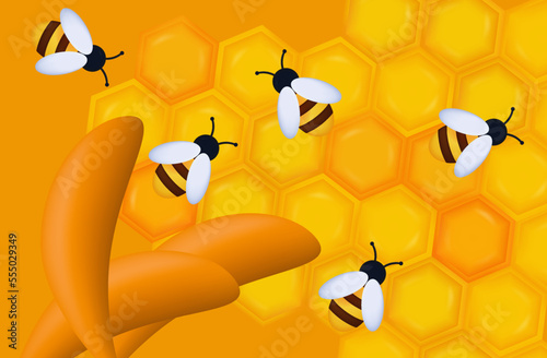 Wax honeycombs with bees 3d. The process of collecting honey, insects work together. Yellow hexagonal wax pattern, sweet, sticky honey. Bee farm or apiary. Modern orange banner. Vector illustration.