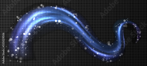 Cold winter light effect, curve bright twinkle line. Wind blow with snowflakes, blue blizzard trail or wave isolated on transparent background. Fresh freezing flow, Realistic 3d vector illustration