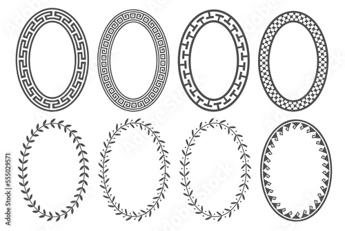 Greek key oval frame set. Circle borders with meander ornaments. Ellipse ancient designs. Vector