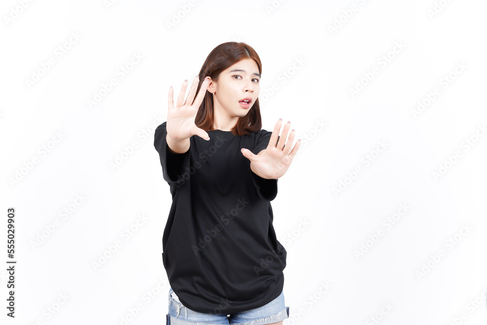 STOP Rejection Hand Gesture Concept Of Beautiful Asian Woman Isolated On White Background STOP Rejection Hand Gesture Concept Of Beautiful Asian Woman Isolated On White Background