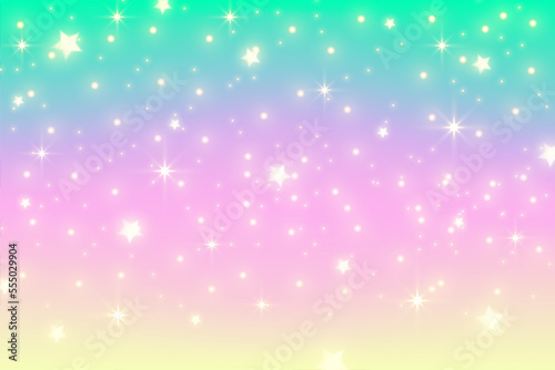 Rainbow unicorn background. Pastel gradient color sky with glitter. Magic galaxy space and stars. Vector abstract pattern.