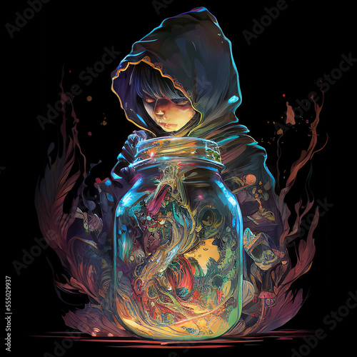 A hooded mage with magic energy inside a magic jar created with generative AI technology