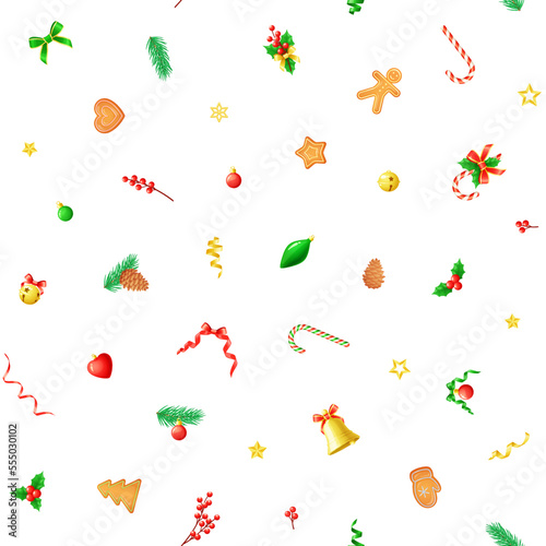 Seamless vector pattern with Christmas ornaments and decorations on white background.