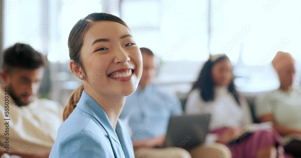 Asian business woman, face and coworking space with digital marketing team, advertising people or branding men and women. Portrait, smile and happy creative designer in modern office with innovation Asian business woman, face and coworking space with digital marketing team, advertising people or branding men and women. Portrait, smile and happy creative designer in modern office with innovation
