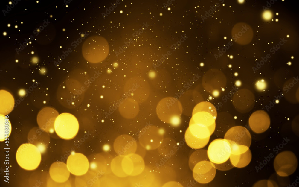 Beautiful Gold Bokeh Abstract Background. Celabration Christmas Festive New Year Theme, Xmas Holiday. Glitter Bokeh Defocused Lights, Dust and Stars. Golden with Dark or Black.