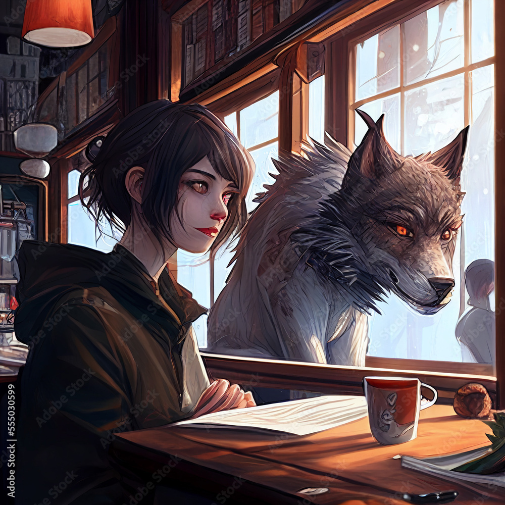 A stunning anime girl with a short bob haircut in a cafe with a wolf  created with generative AI technology Stock Illustration