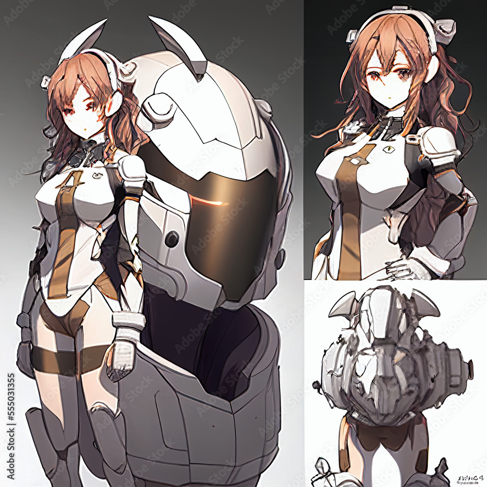 Anime character design of a portrait of woman wearing an exoskeleton ...