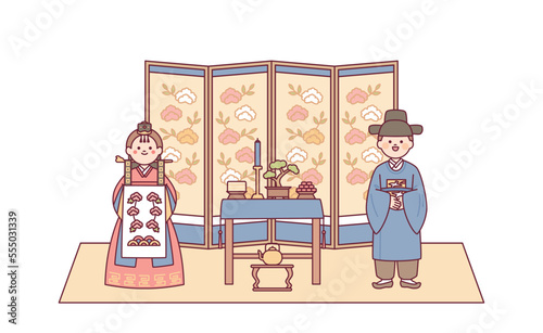 Groom and bride characters having a traditional Korean wedding ceremony. There is a food table in the middle and a folding screen at the back.