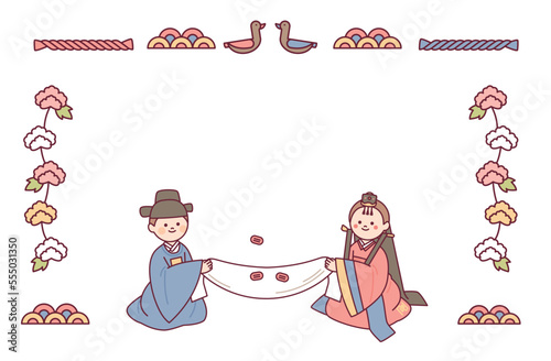 The bride and groom at a traditional Korean wedding reception. invitation card design.