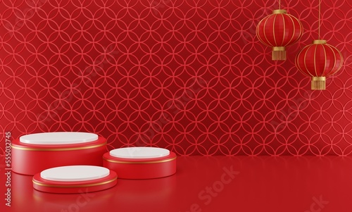 3D rendering illustration Chinese new year mock up Cylinder podiums, Chinese Festivals, empty pedestal template for product display decorated, geometric background, cosmetics stand concept, abstract