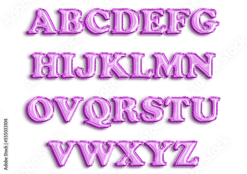 Full English alphabet of purple color inflatable balloon isolated on transparent background
