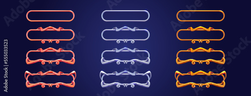 Medieval metal frames set on dark background. Cartoon vector illustration of bronze, silver, golden level evolution plaques with simple to sophisticated cast iron decorations. Game ui design elements