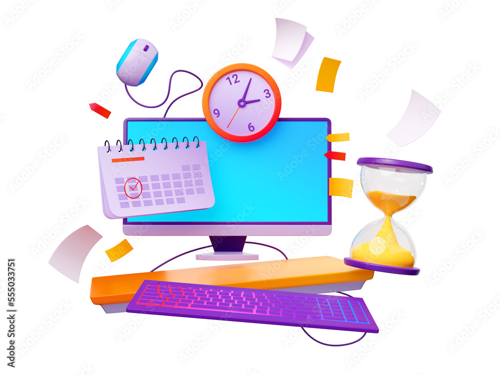 Work deadline concept. 3D illustration of desktop computer, clock, date