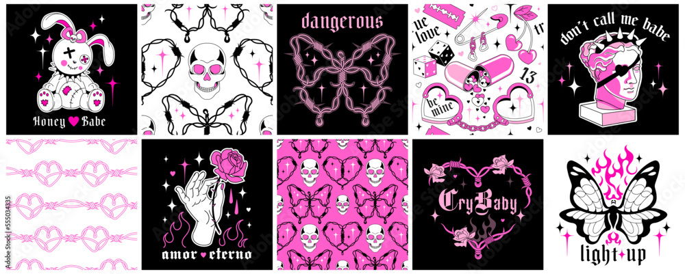Glamour gothic love collection of emo stickers, y2k seamless patterns, square social media posts with goth slogans.Creepy black pink concepts with wire hearts, fire flame frames and vintage fun skulls - obrazy, fototapety, plakaty 