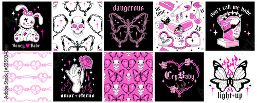 Glamour gothic love collection of emo stickers, y2k seamless patterns, square social media posts with goth slogans.Creepy black pink concepts with wire hearts, fire flame frames and vintage fun skulls photo