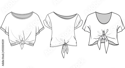 Short Sleeve Front Knot T-Shirt Top Fashion Illustration, Vector, CAD, Technical Drawing, Flat Drawing, Template, Mockup