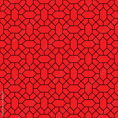 Black diamond shape and diagonal line pattern on red background. Linked diagonal line and hexagon shape. Black lattice pattern on red background. Abstract maze backdrop.