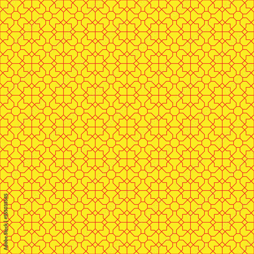 Red square and diagonal line pattern on yellow background. Linked diagonal line on square and octagon shape. Red lattice pattern on yellow background. Abstract maze backdrop. Red square and diagonal line pattern on yellow background. Linked diagonal line on square and octagon shape. Red lattice pattern on yellow background. Abstract maze backdrop.