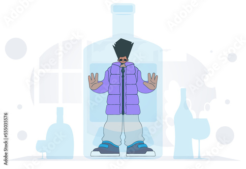 The concept of treatment for alcohol addiction. The guy is inside the bottle.