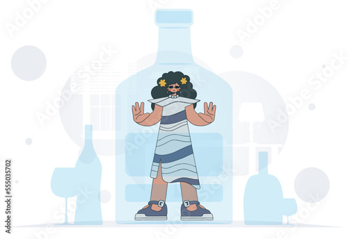 The concept of alcohol addiction. Woman inside the bottle.