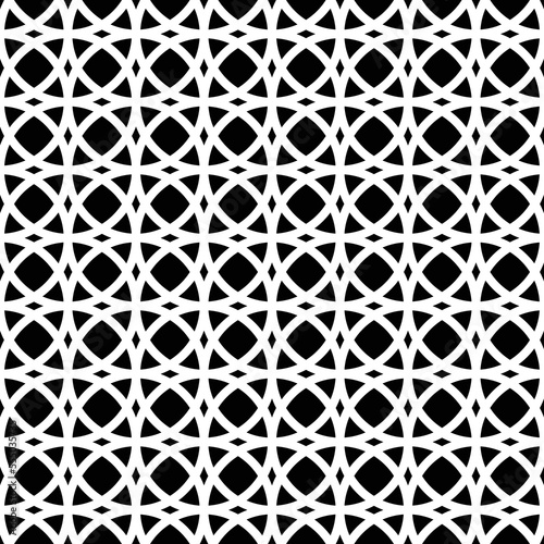 White circle interlaced pattern on black background. White interlocking pattern on black backdrop.