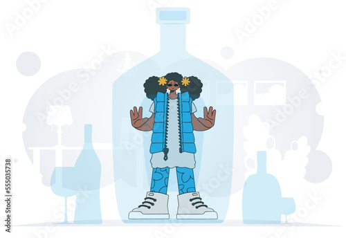 The concept of alcohol addiction. A woman is a hostage inside a bottle.