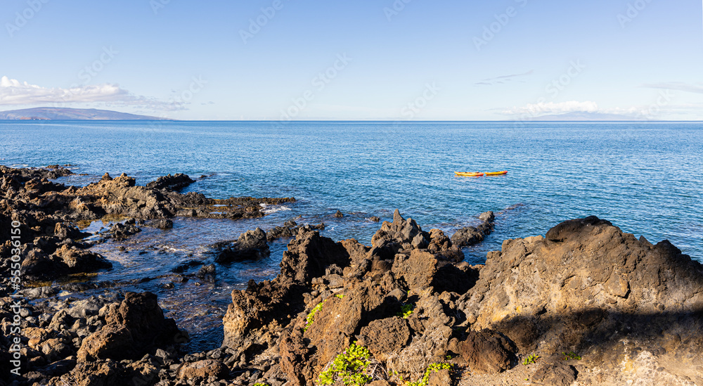 The Rocky Shoreline of Wailea Beach Along The Wailea Oceanfront Boardwalk Trail, Wailea, Maui, Hawaii, USA