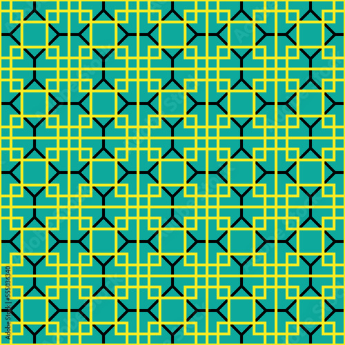 Colorful square and hexagon interlaced pattern on green background. Black and yellow interlocking pattern on green backdrop.