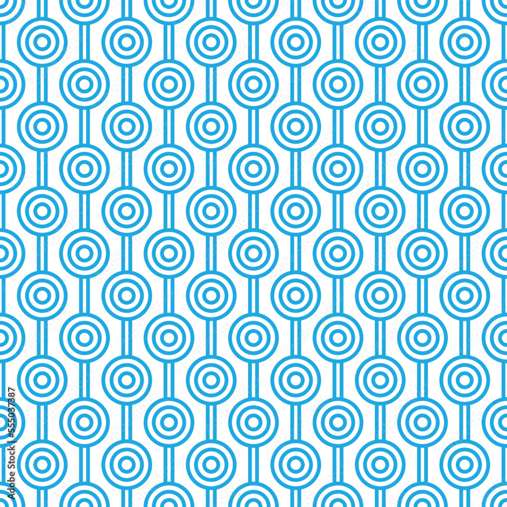 Blue maze circle and white line pattern on white background. Colorful seamless interlocking circle pattern on white backdrop.