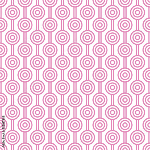 Pink maze circle and white line pattern on white background. Colorful seamless interlocking circle pattern on white backdrop.