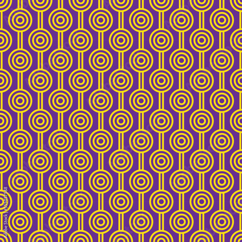 Yellow maze circle and white line pattern on purple background. Colorful seamless interlocking circle pattern on purple backdrop.