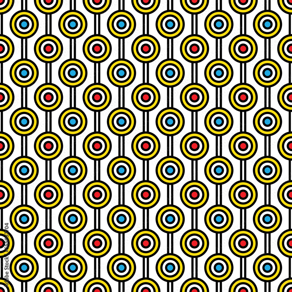 Colorful maze circle and white line pattern on white background. Colorful seamless interlocking circle pattern on red backdrop.