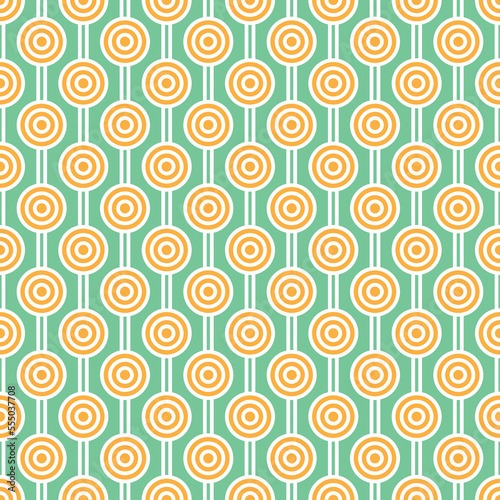 Orange maze circle and white line pattern on green background. Colorful seamless interlocking circle pattern on red backdrop.