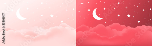 Vector pink and red Sky Clouds with moon and stars shiny, Valentines day beautiful background design