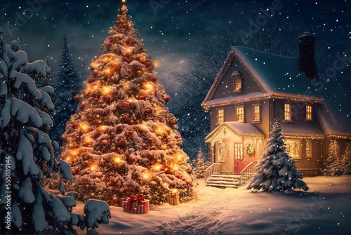 A Christmas scene with a house, a Christmas tree and a snowy winter background at night. A generative AI Illustration.
