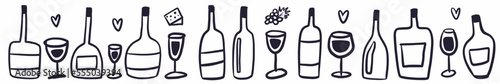 Vector horizontal pattern with wine bottles and glasses, hand-drawn in doodle style