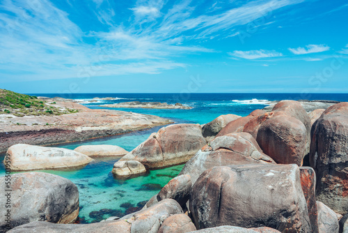 Elevated view of Elephant Rocks in the William Bay National Park of Western Australia featuring large granite boulders.