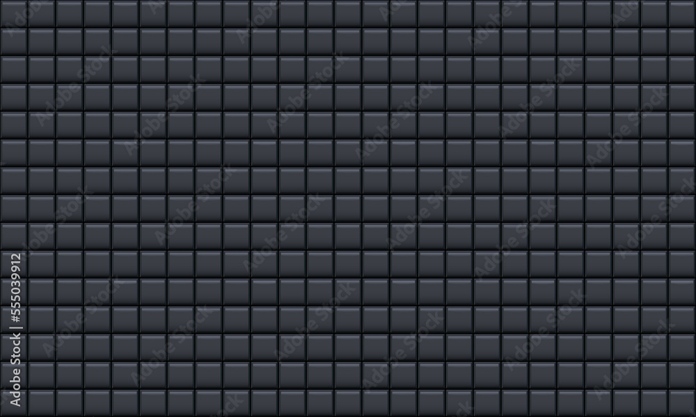 Black glossy ceramic square tiles pattern horizontal background. Home interior, bathroom and kitchen wall texture. Vector black shiny 3d brick wall background. Black glossy ceramic square tiles pattern horizontal background. Home interior, bathroom and kitchen wall texture. Vector black shiny 3d brick wall background.
