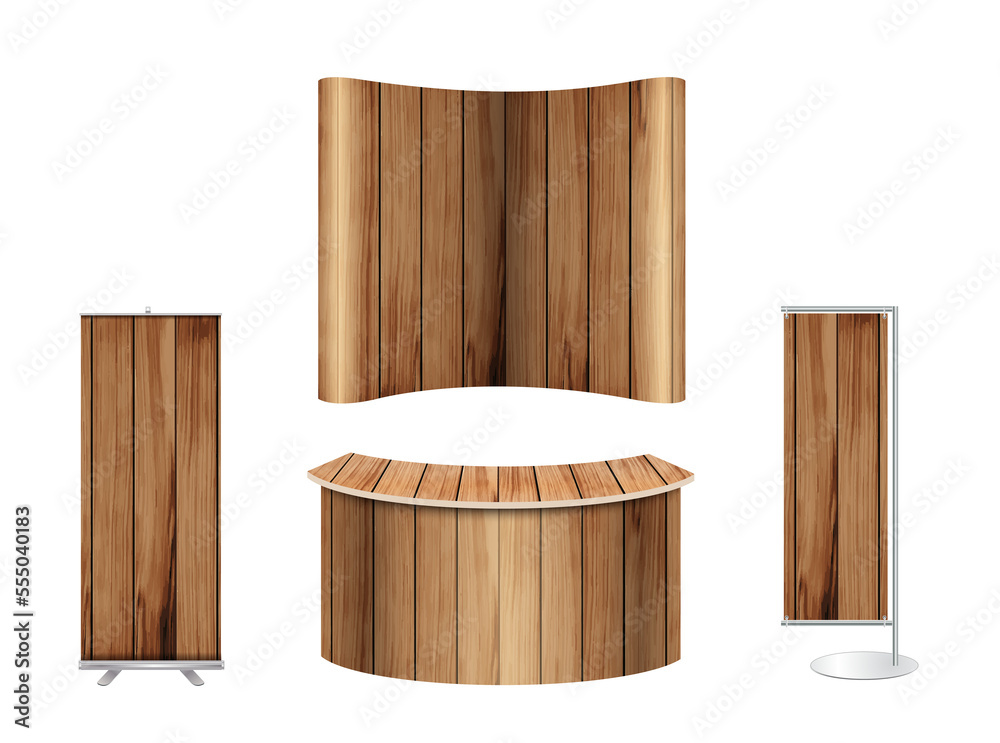 Trade show booth exhibition stand design mock up. Front view with wood ...