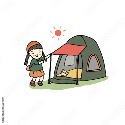 Cute girl camping with cat, freehand drawn illustration
