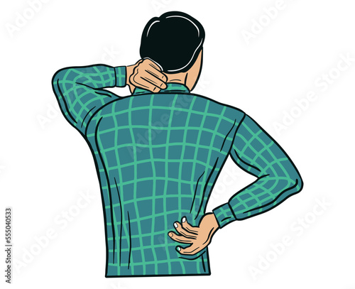 man in back pain and neck pain rubbing back and neck hand drawn vector