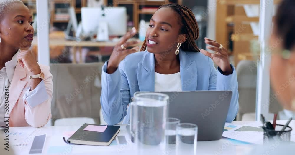 Meeting, team and professional black woman talking with leadership in the office conference room. Corporate, discussion and African female leader working and planning business project with colleagues